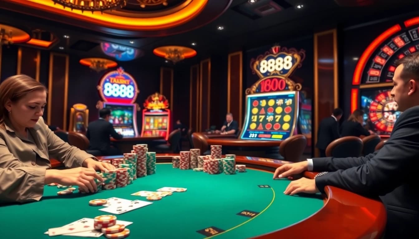 Engaged players strategizing at a table in 888new.com’s luxurious casino atmosphere.