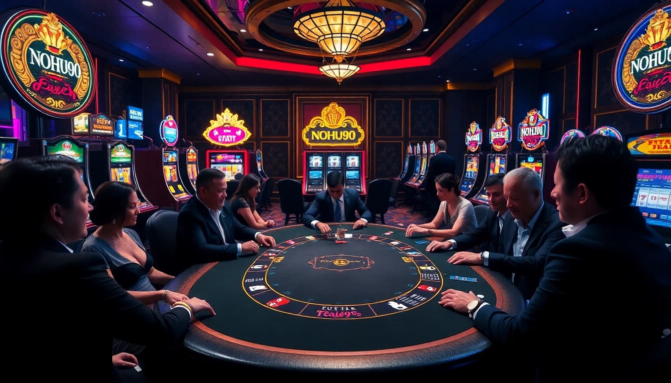 Nohu90 casino scene featuring high-stakes poker and vibrant slot machines among excited players.
