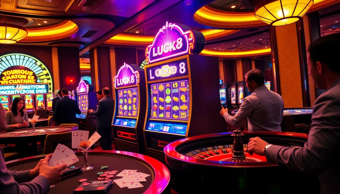 LUCK8 slot machine attracts enthusiastic players in a luxurious casino setting.