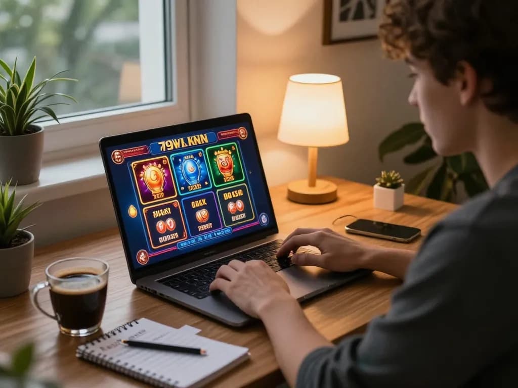 Engaging online gaming session with 79KING casino games on laptop, cozy home workspace atmosphere