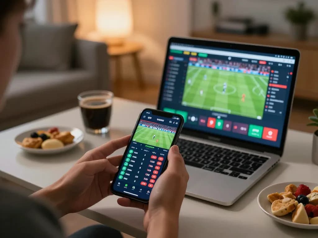 Engaged five88z player making live sports bets on smartphone, cozy home atmosphere with streaming events.
