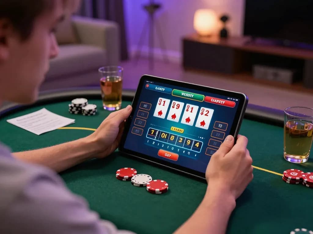 Engaged player strategizing with 58win app on tablet during online gambling session