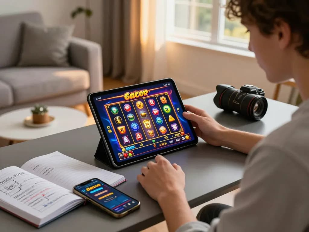 Engaging in Slot Gacor gameplay on a tablet with colorful reels, showcasing a relaxing home gaming setup.