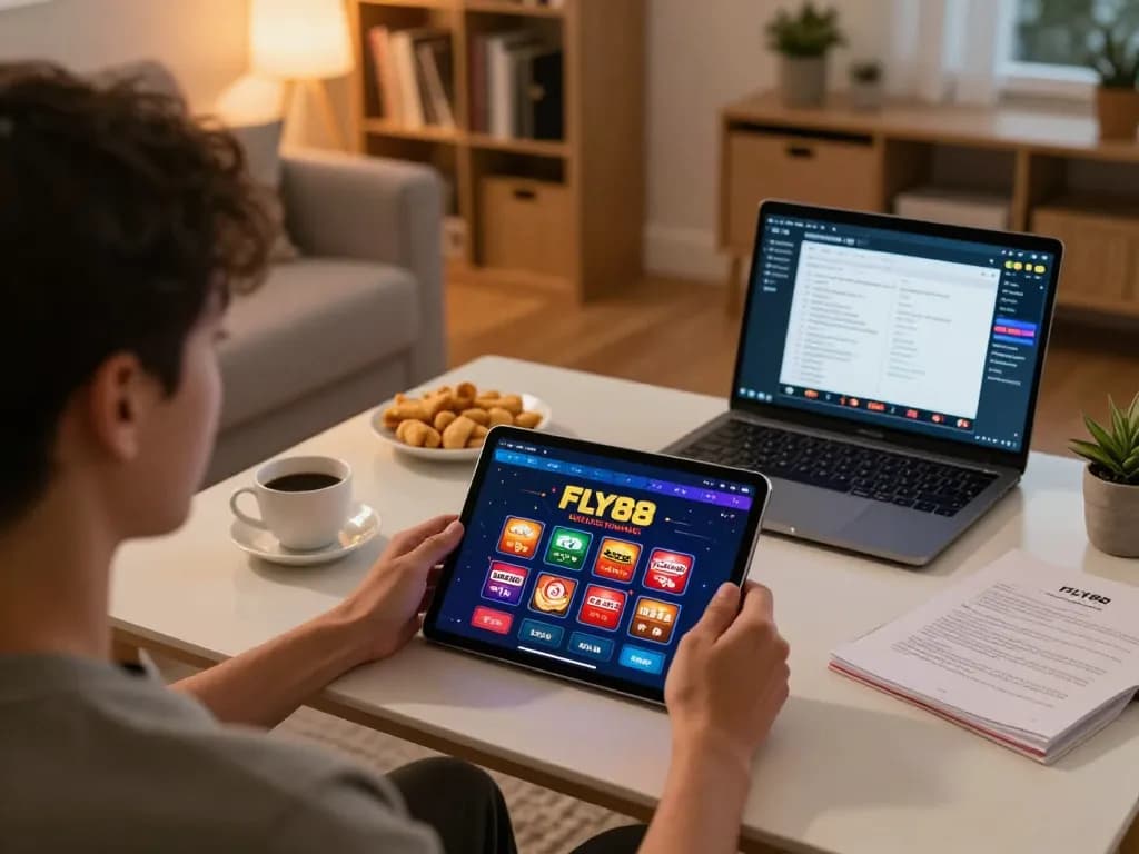 FLY88 user immersed in online casino gameplay on tablet, showcasing engaging gaming environment.