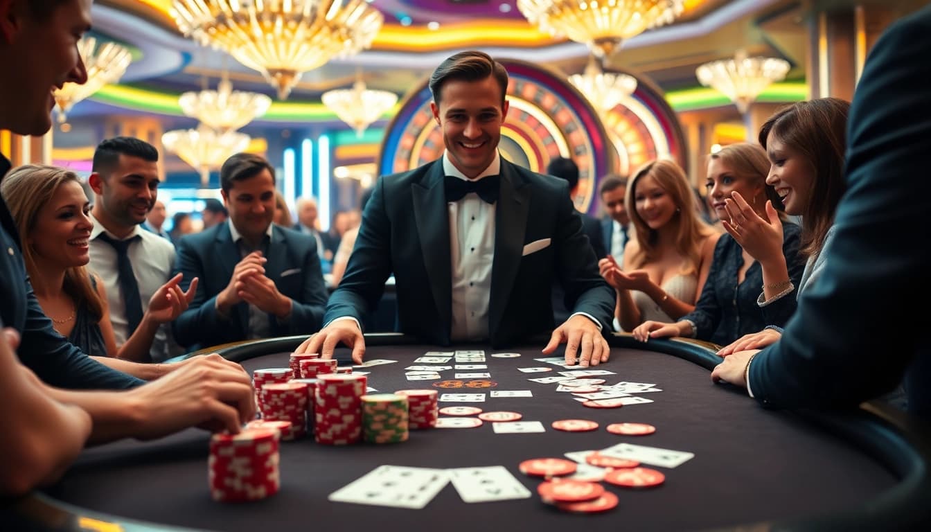 Players enjoying a thrilling game at KP 88 casino table with vibrant atmosphere.