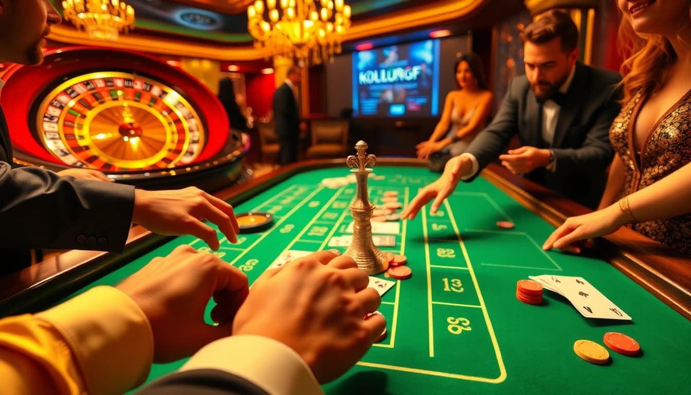 Các người chơi hào hứng tham gia tại bàn casino ảo KO66 được bao quanh bởi ánh sáng rực rỡ và các chip cược.