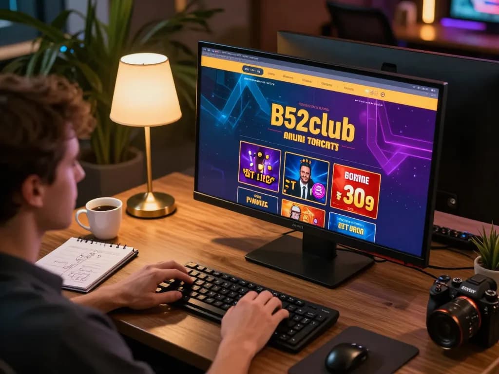 B52club user engaging in online gambling via desktop, showcasing vibrant game graphics and personal setup.