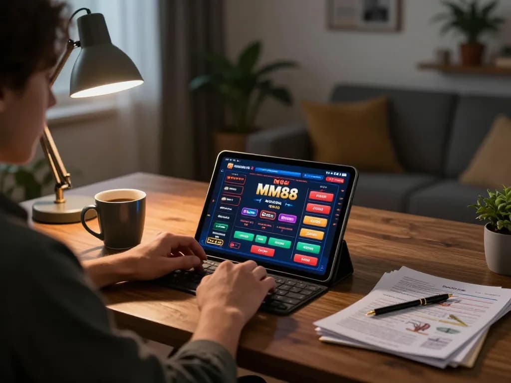 Engaging in MM88 online casino gaming on a tablet in a cozy home setting with strategy notes.
