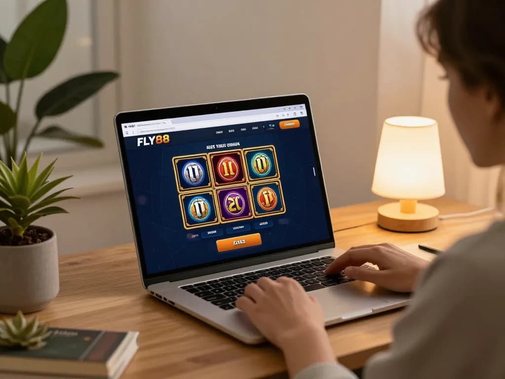Engage with FLY88 gaming interface through a modern laptop in a cozy home setting