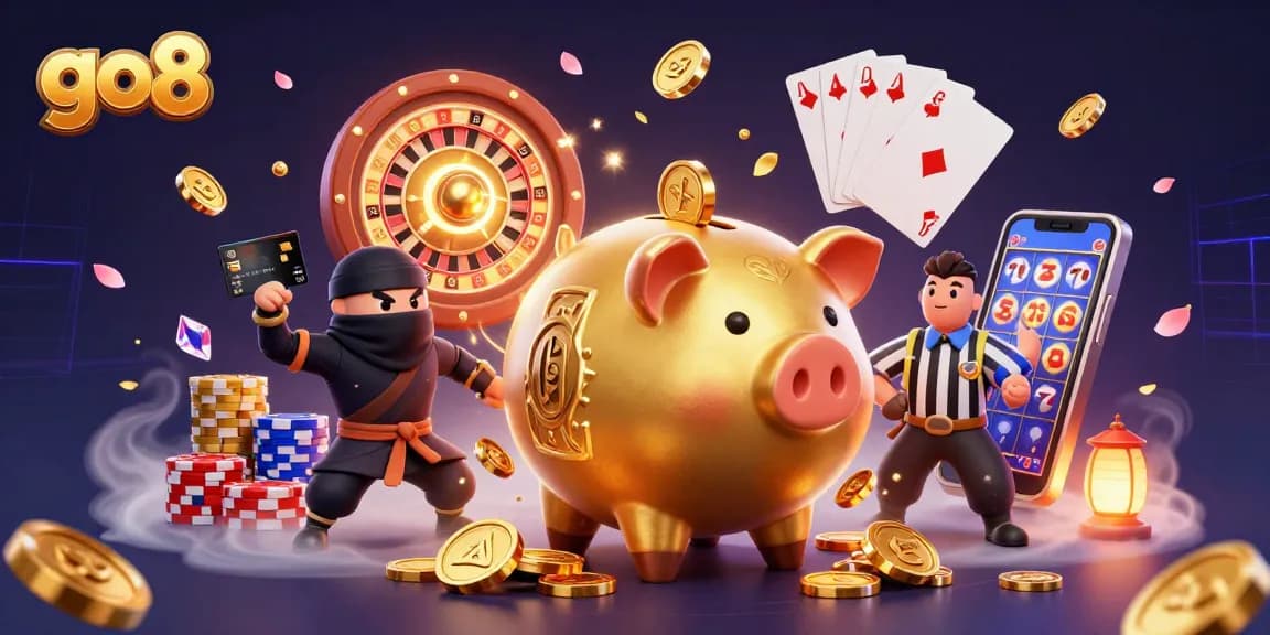 Experience the thrill of go8 with a golden piggy bank wrestler, coins flying, and an action-packed casino scene.