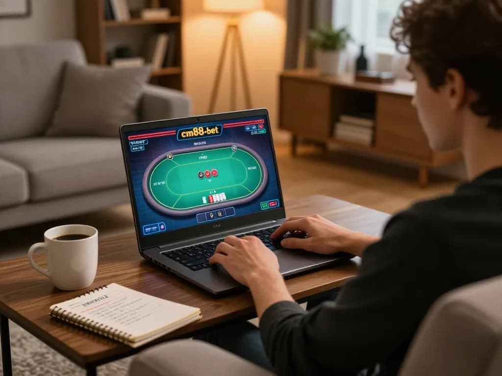 Engaging player using cm88-bet for an online poker game from a cozy living room setting.