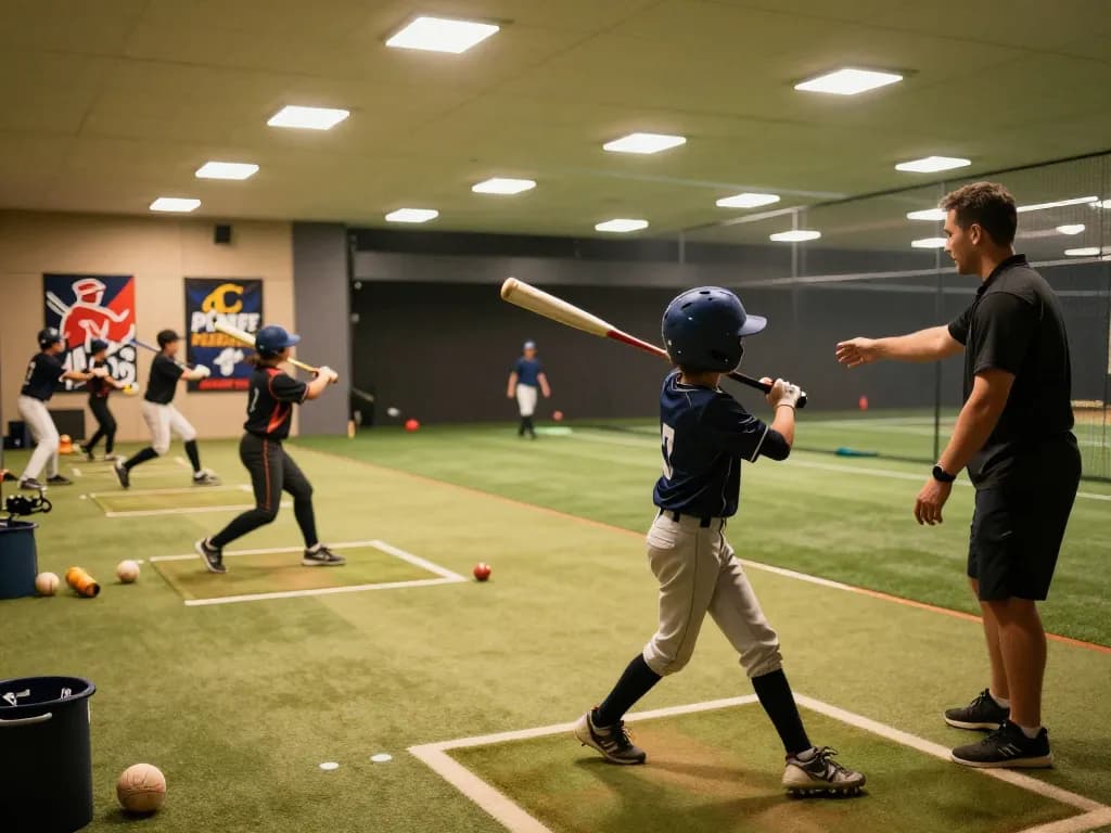 Hit club baseball training session with players actively practicing swings and techniques.