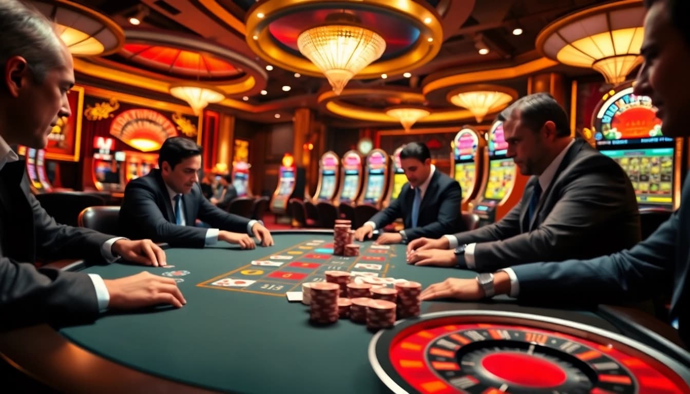 Play poker thrillingly at KK55's luxurious casino tables, featuring vibrant chips and cards.