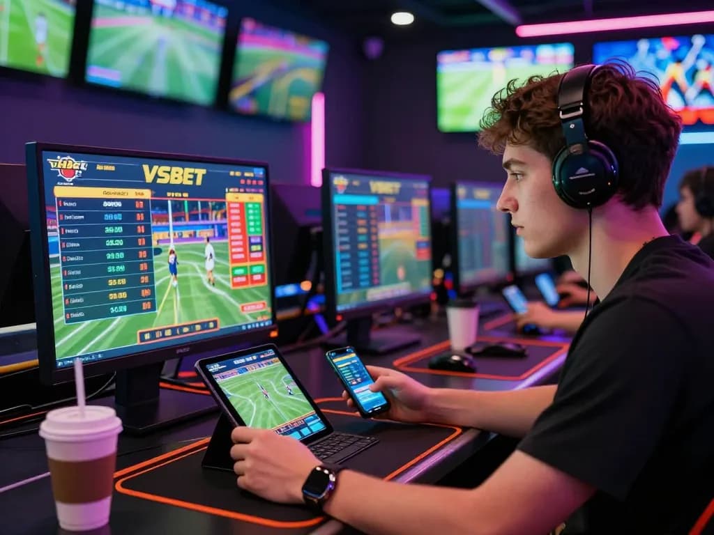 A young adult engaging in online sports betting at Vsbet with vibrant gaming setup.