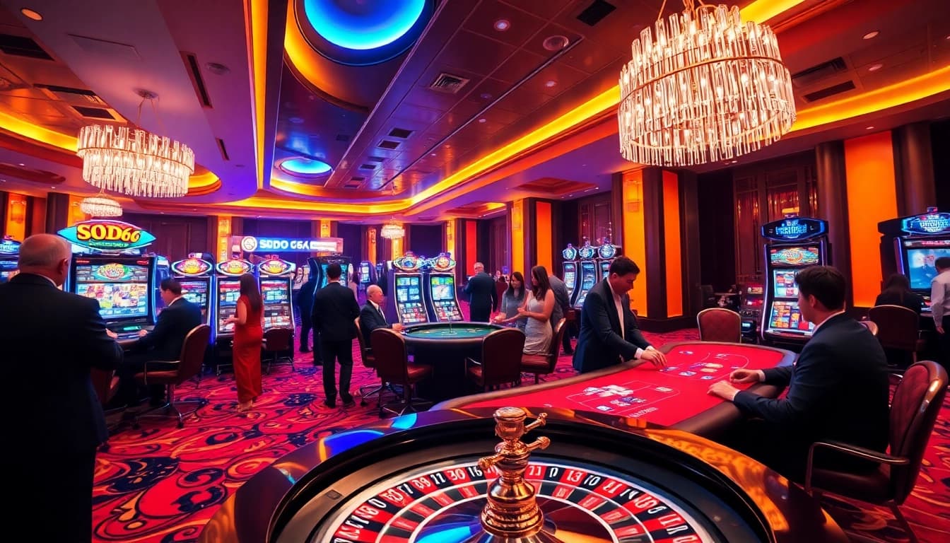 SODO66 players enjoying a vibrant casino atmosphere with roulette wheels and poker tables.