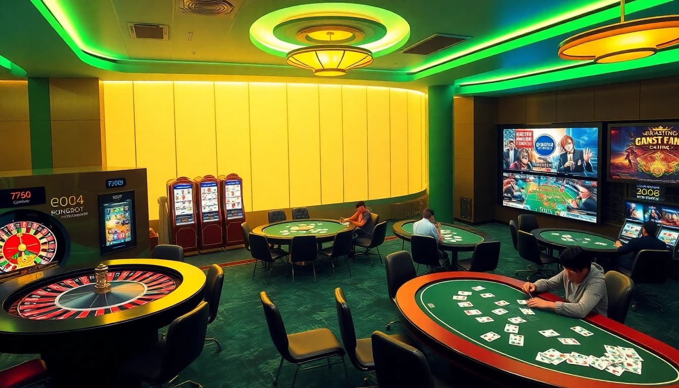 Bong88 players engaging in online gambling excitement at an elegant casino layout, featuring vibrant slot machines and poker tables.