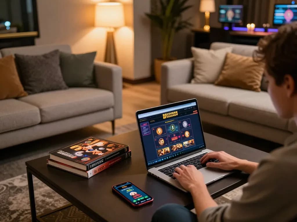 Engaging with a trusted nhà cái uy tín on a laptop with a cozy gaming ambiance.