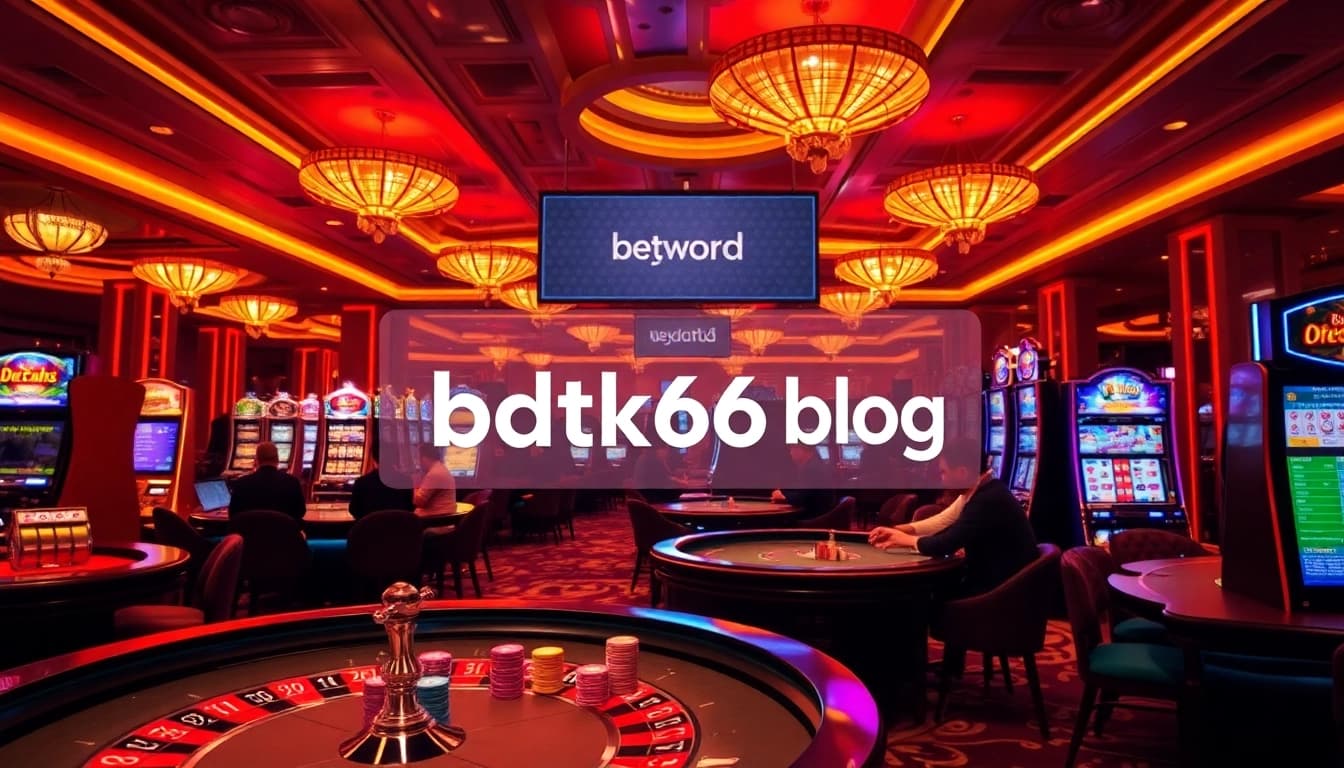 Experience the thrill of the bdtk66 blog in a vibrant casino atmosphere with players at poker tables.