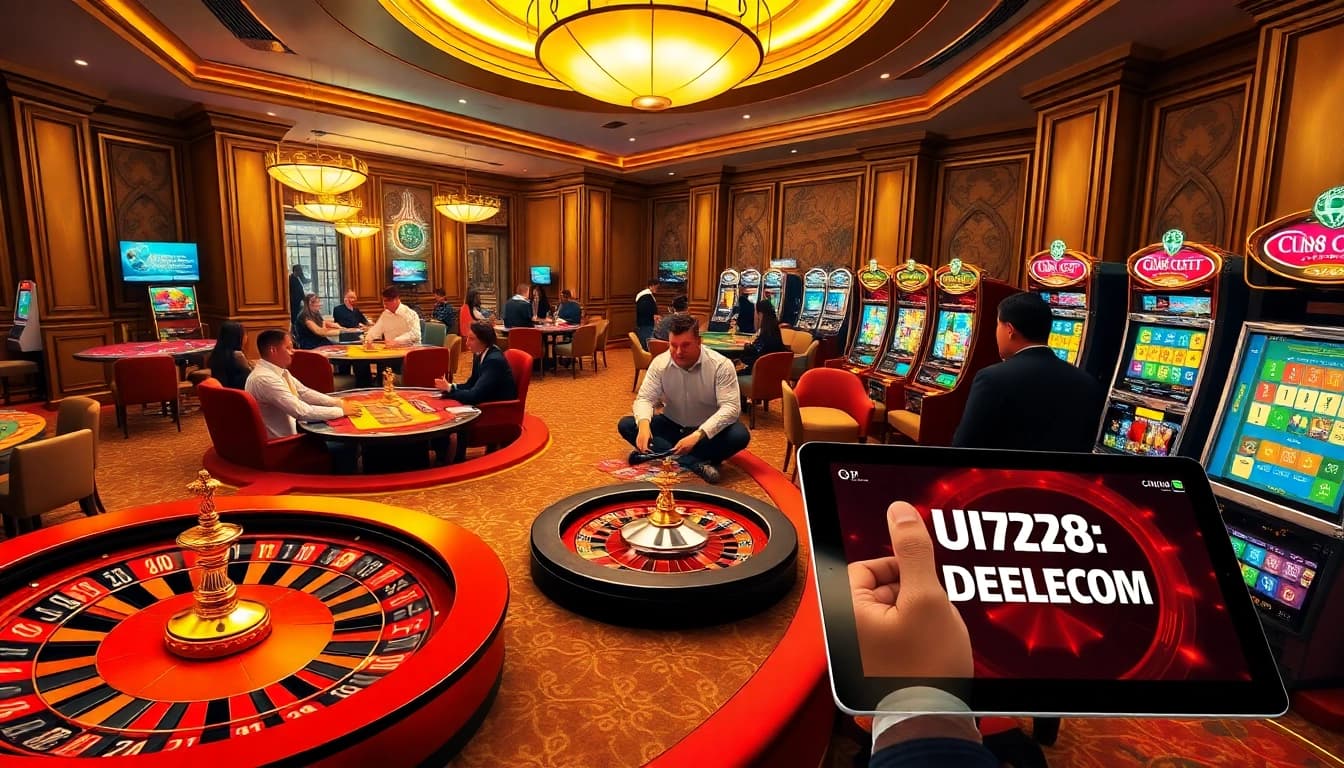 Exciting casino scene with players enjoying games and interacting with the UU88.COM interface.