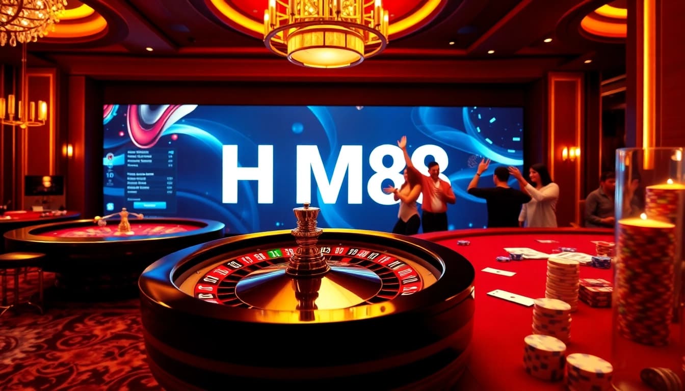 Experience the excitement of gambling with HM88 at a luxurious casino featuring roulette and poker.