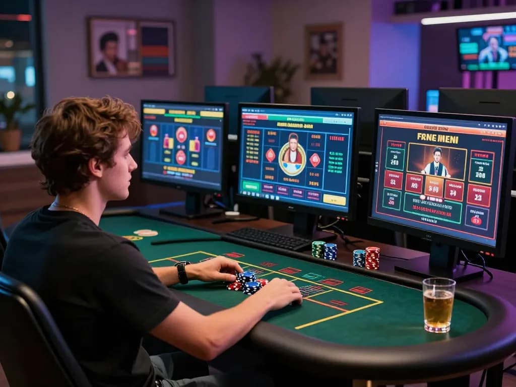 Engaged player exploring 23Win's online casino games on multiple screens.