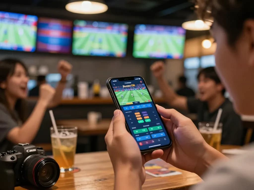 Pucuk138 mobile sports betting scene showcasing excitement in a lively sports bar environment.