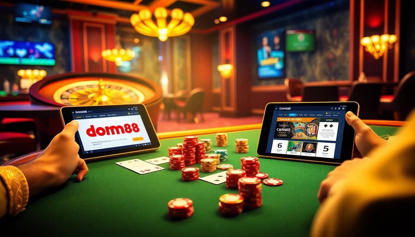 Experience thrilling gameplay at dom88.us.com with vibrant casino tables, poker chips, and online interfaces.