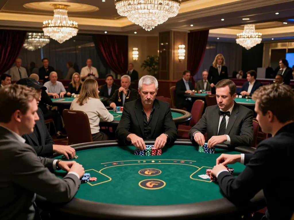 Players engaged in strategic gameplay at C168 poker tournament in a luxurious casino.