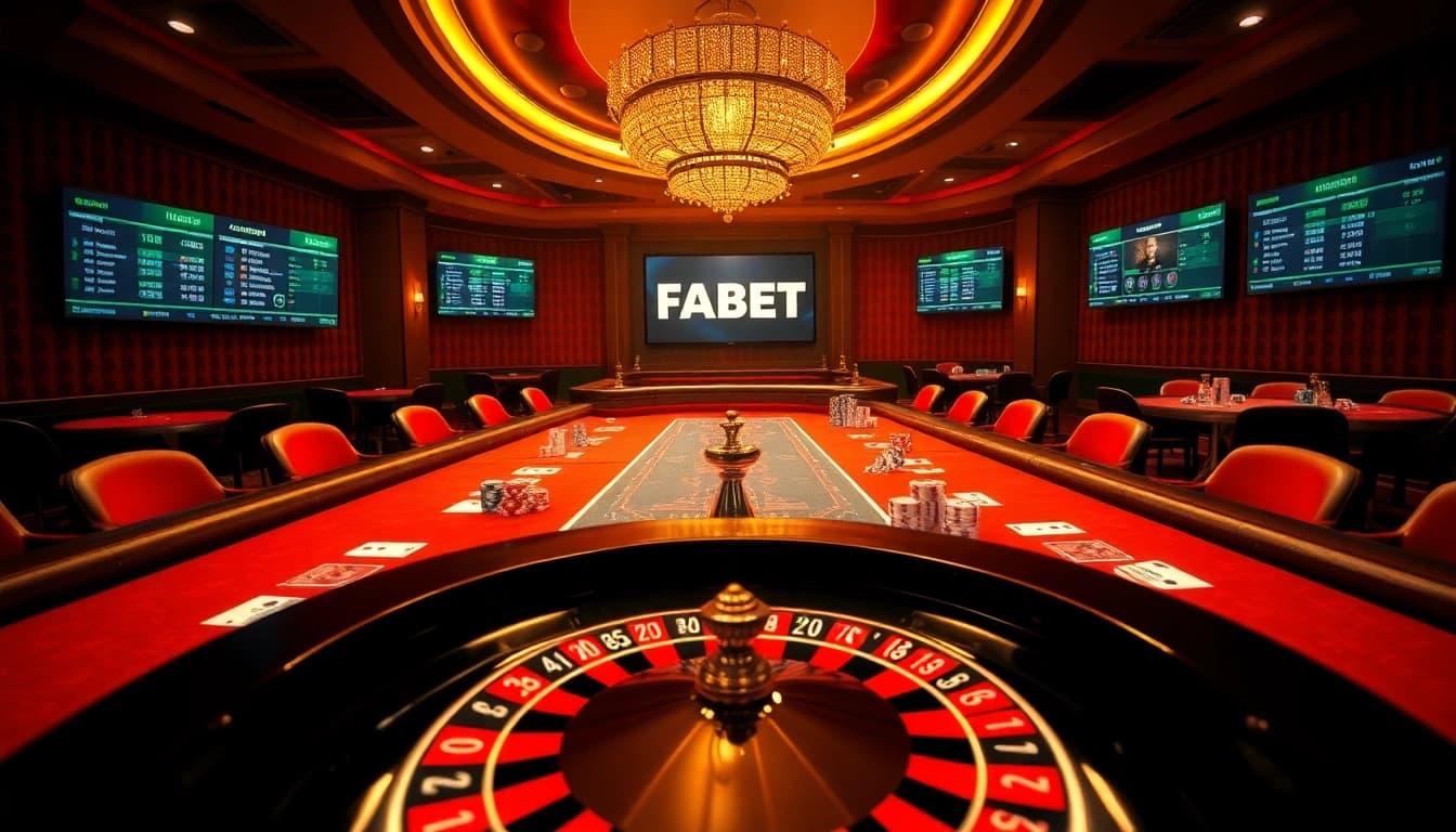 Experience the thrill of FABET with vibrant casino games featuring cards and roulette wheels.