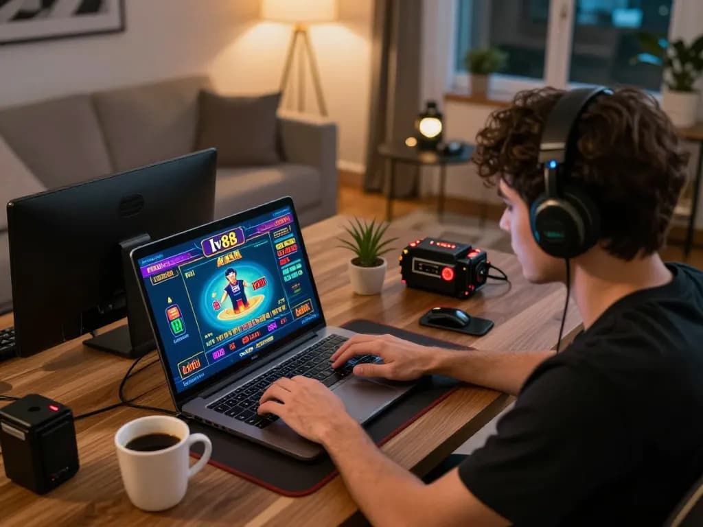 Engaged player enjoying a dynamic game at lv88 casino on their laptop, emphasizing online gaming atmosphere.
