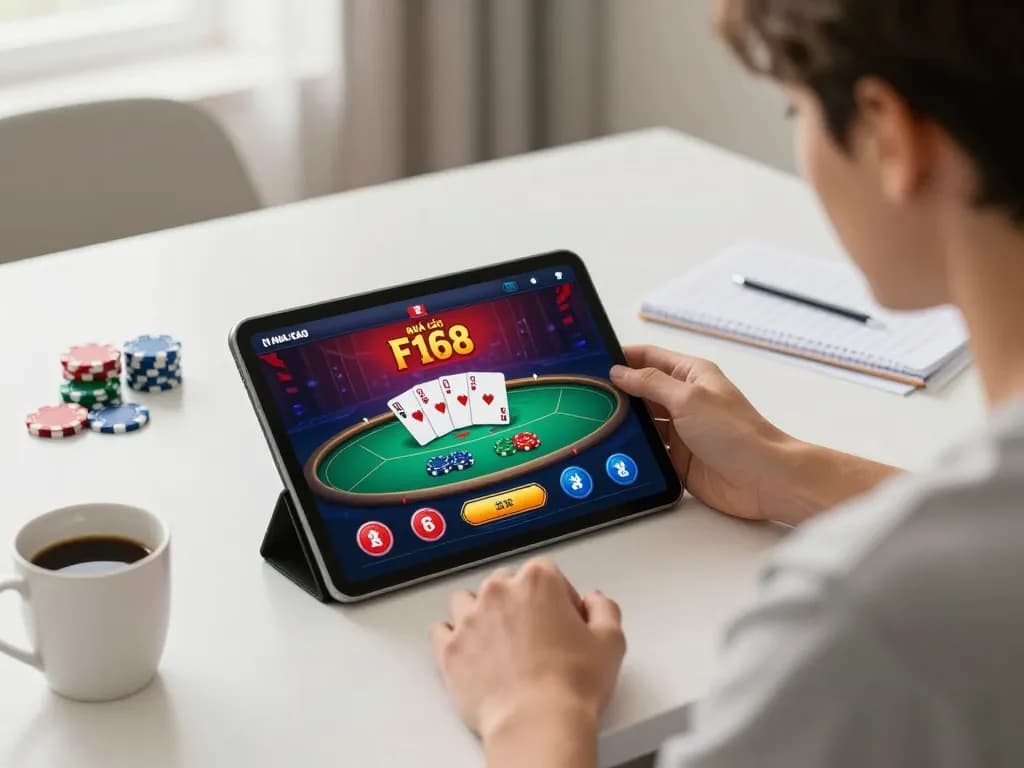 Engaging with the NHÀ CÁI F168 casino app on a tablet during a strategic gameplay session.