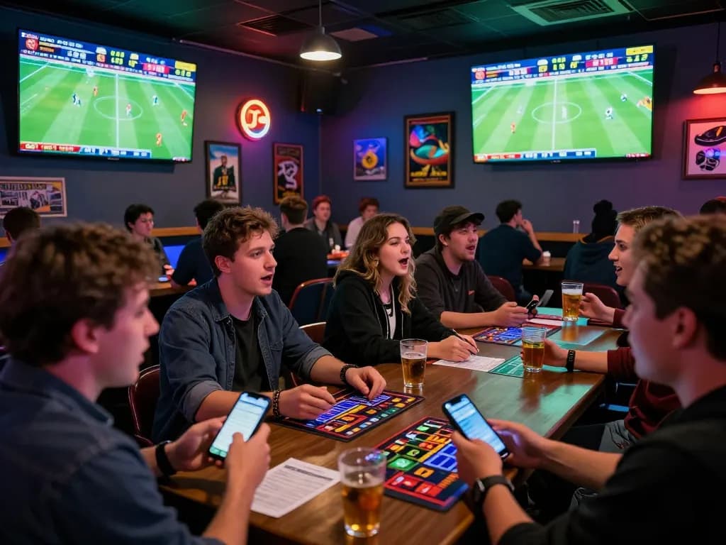 Kết quả bóng đá displayed on large screens in a lively sports betting lounge, with fans engaged in betting activity.