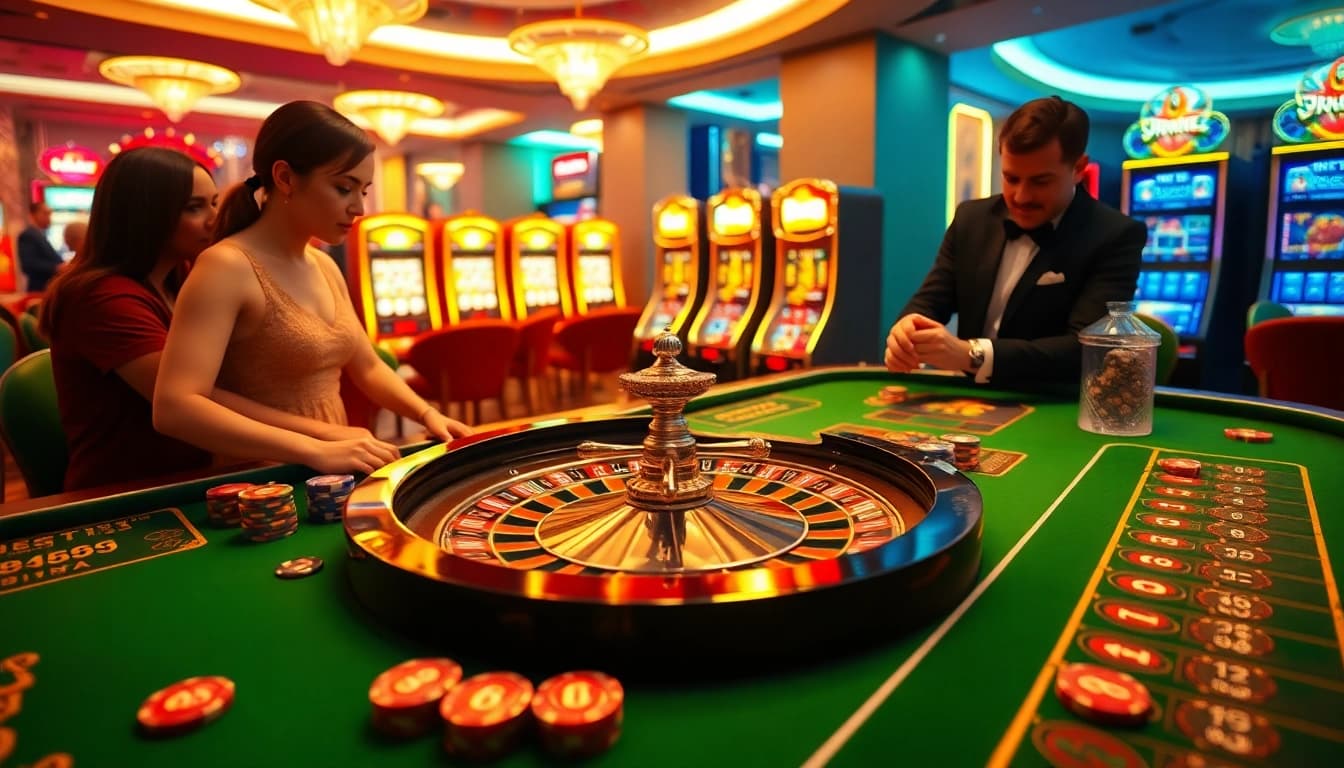 Luckywin gaming table with vibrant colors, thrilling atmosphere, and exciting players engaged in betting.