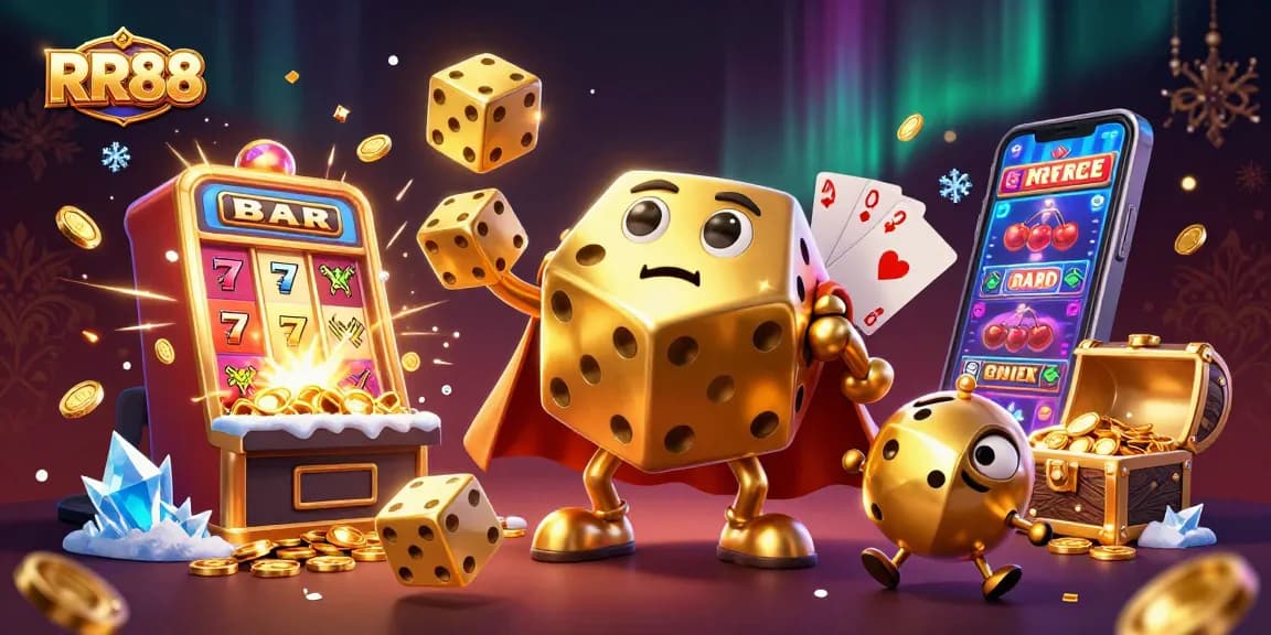 RR88 players enjoy an action-packed scene with golden dice, jackpot explosions, and colorful casino games.