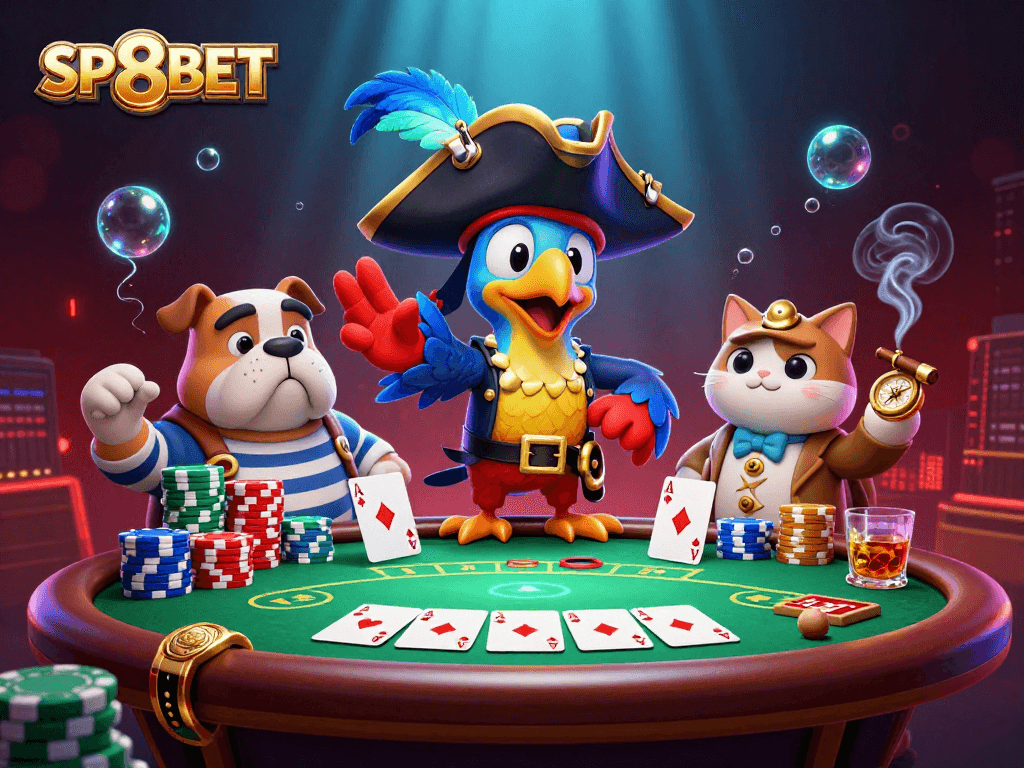 Engage in thrilling poker action with SP8BET's captivating 3D casino scene featuring vibrant characters.