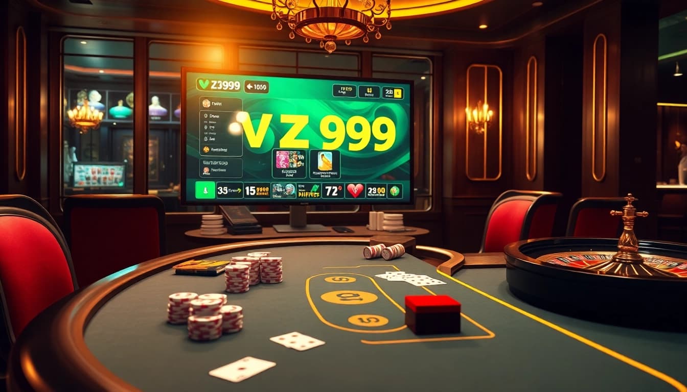 Experience the excitement of playing on the vz99 casino platform with vibrant poker and roulette visuals.