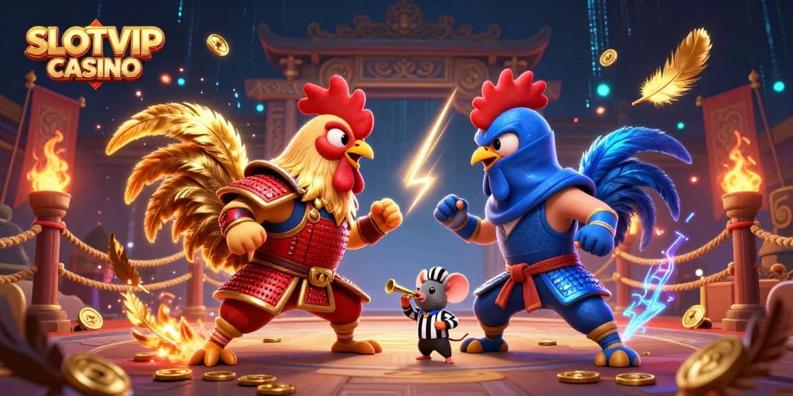 SLOTVIP CASINO showcases thrilling cartoon roosters in an intense showdown against a dynamic casino backdrop.