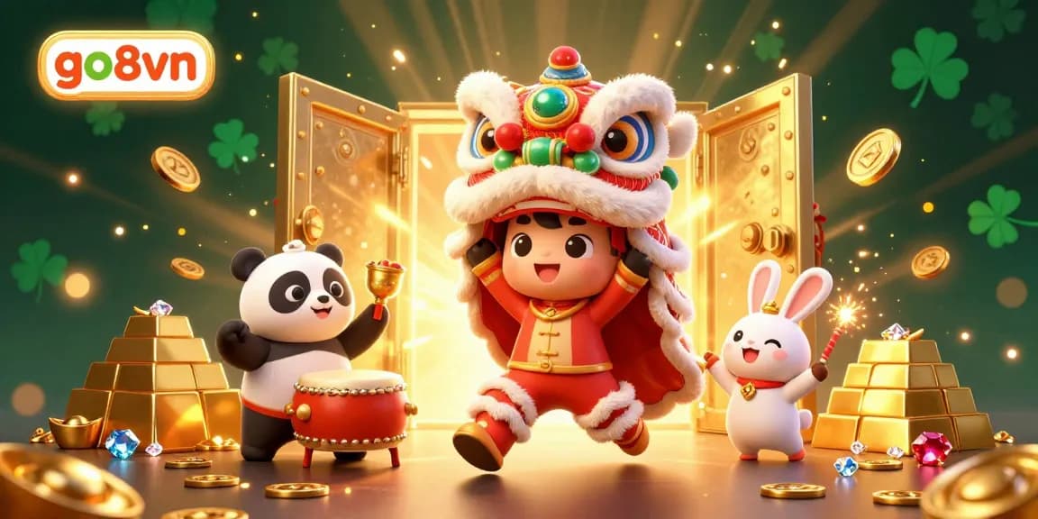 Experience the thrilling excitement of go8vn with a vibrant 3D lion dance illustration, celebrating online casino games.