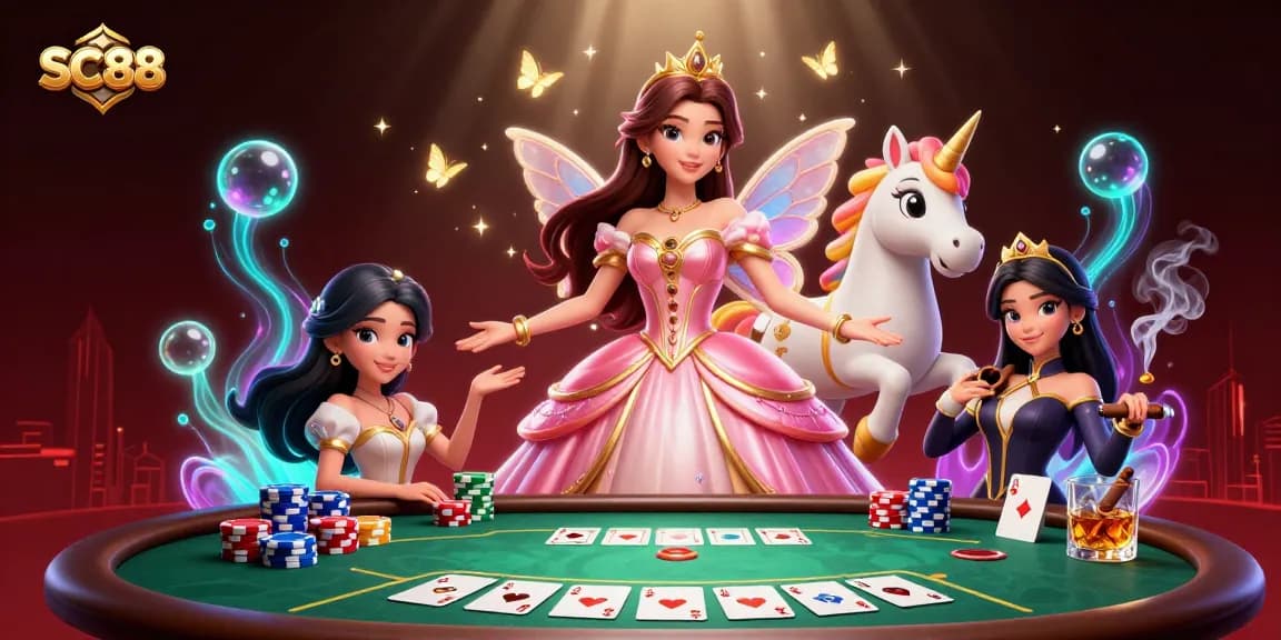 Win big at SC88 with a captivating 3D illustration showcasing exciting poker action, vibrant colors, and magical elements.