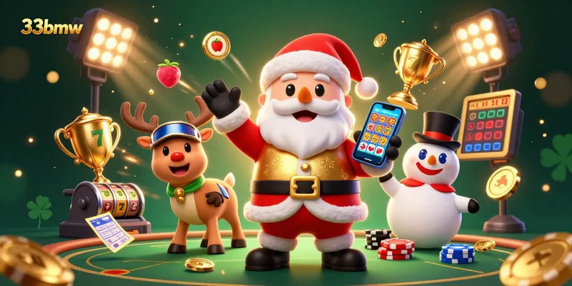 Betting and gaming excitement comes alive with festive characters at 33bmw in this vibrant 3D illustration.