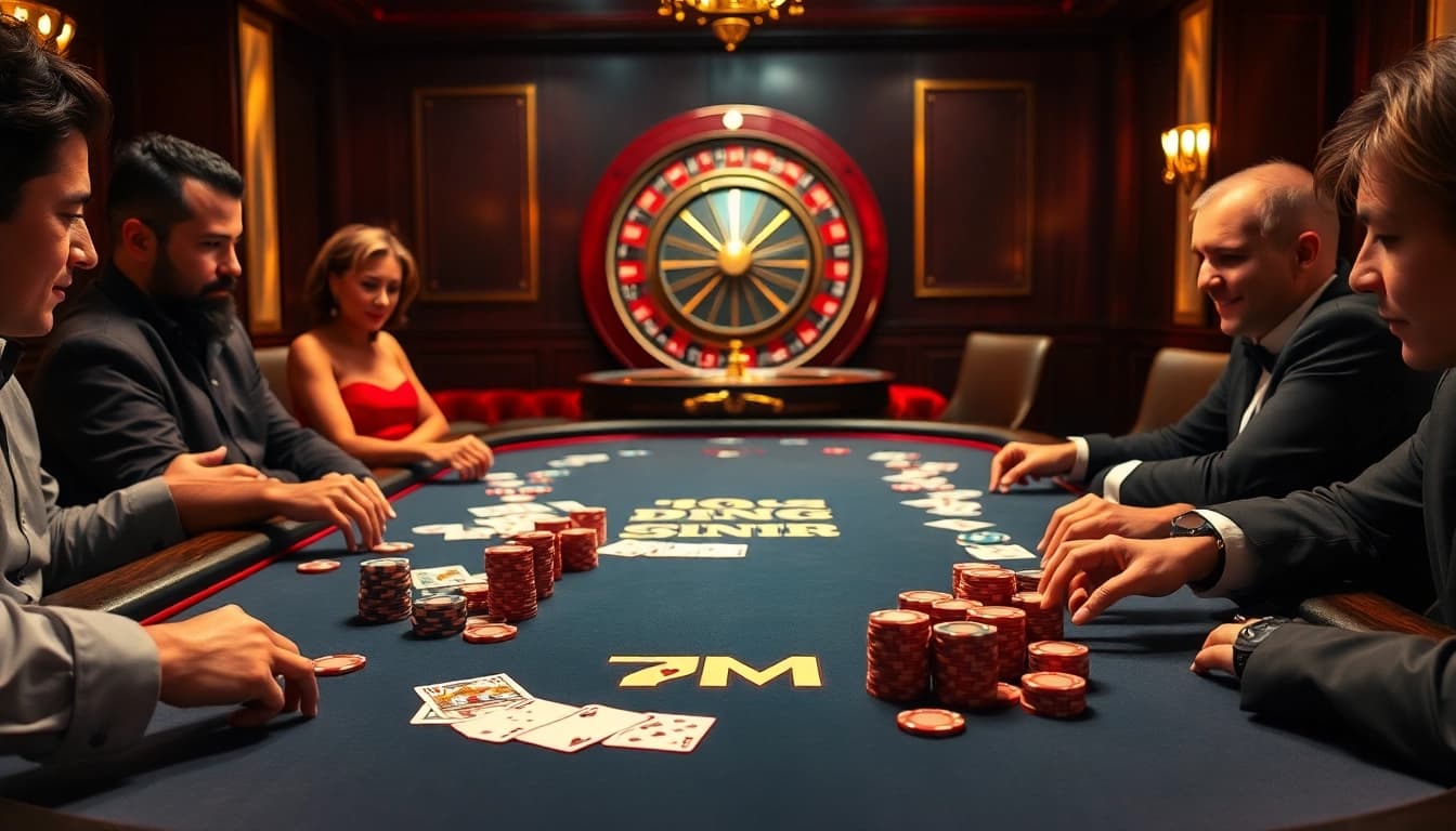 Engage with high-stakes poker at the casino with 7M, featuring vibrant chips and cards on a stunning table.