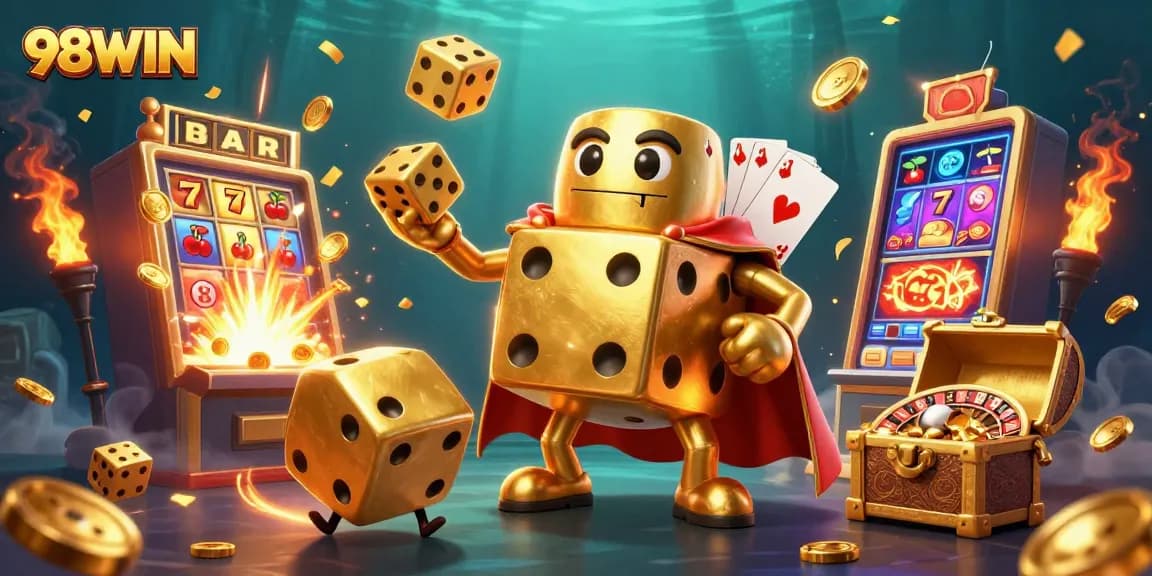 Win big at 98WIN with a dynamic casino adventure featuring golden dice and slot machines.