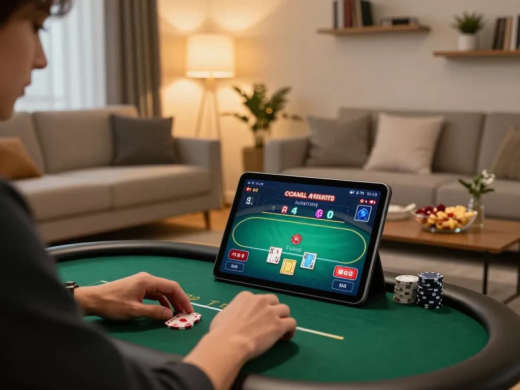 Enjoying poker gameplay on trang chủ fun79 in a cozy home environment, featuring warm lighting and snacks.