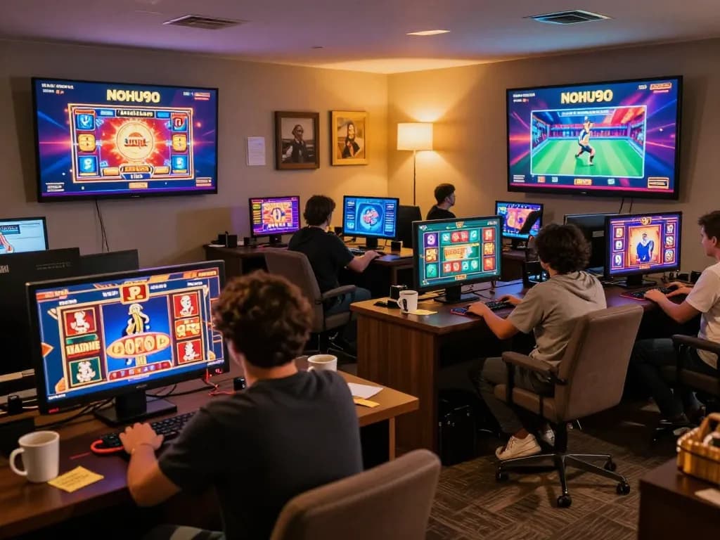 Nohu90 online casino gaming scene showing players engaged and winning on various games.