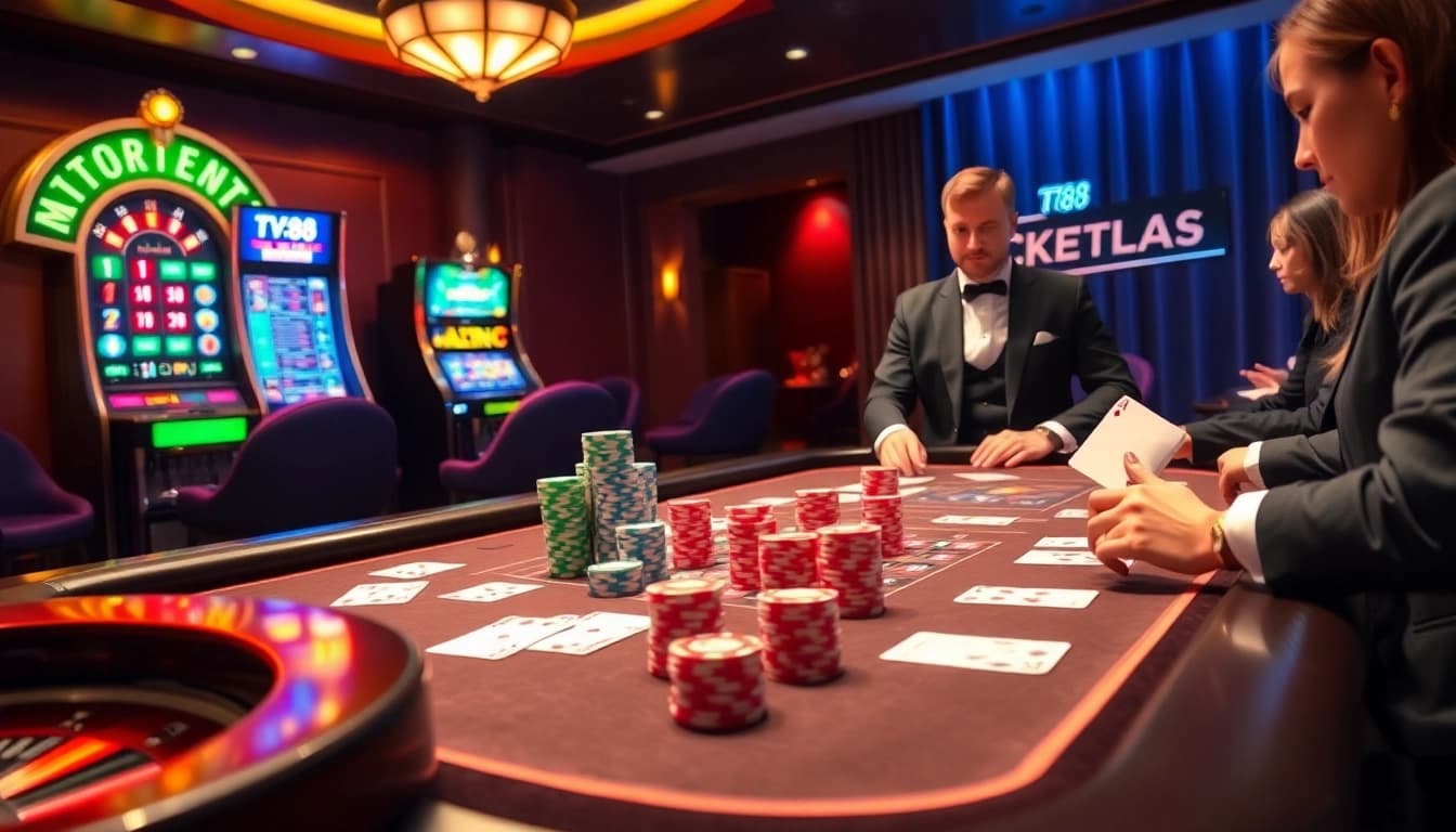 Players enjoying an exciting game at TV88 casino, featuring poker chips and vibrant roulette wheel.