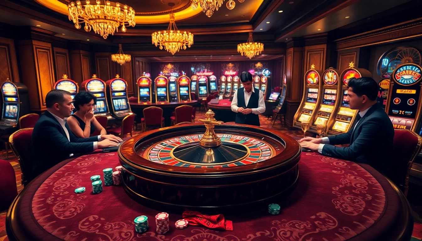 Experience the thrill of TR88 gambling with players at an elegant casino table surrounded by vibrant roulette and slot machines.