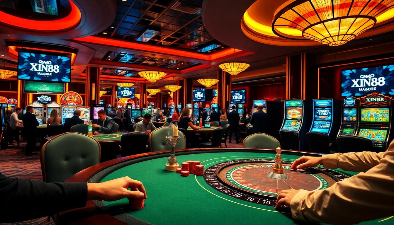 Exciting casino scene with poker tables and Xin88 branding enhancing the gambling atmosphere.