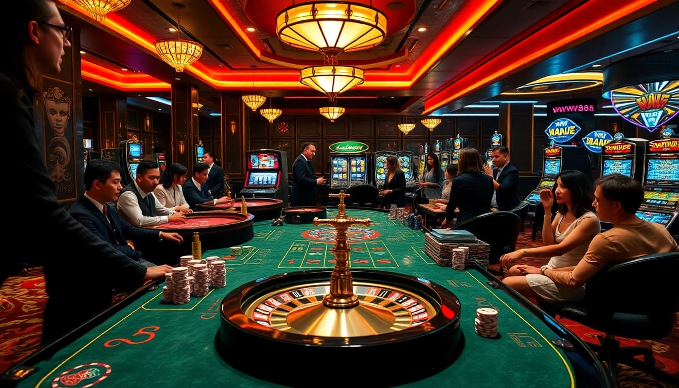 Engage in high-stakes gameplay at ww88's luxurious casino with vibrant slot machines and poker tables.