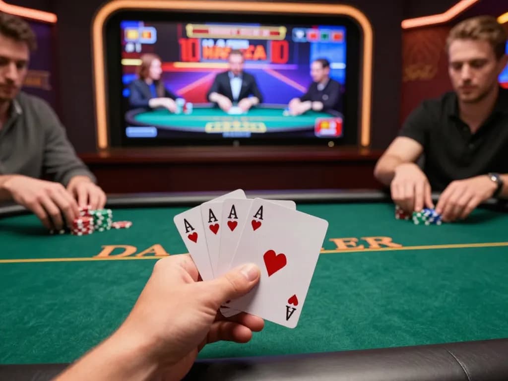 Player engaging in an intense game of poker on the mu 88 platform, showcasing high-stakes cards and vibrant casino atmosphere