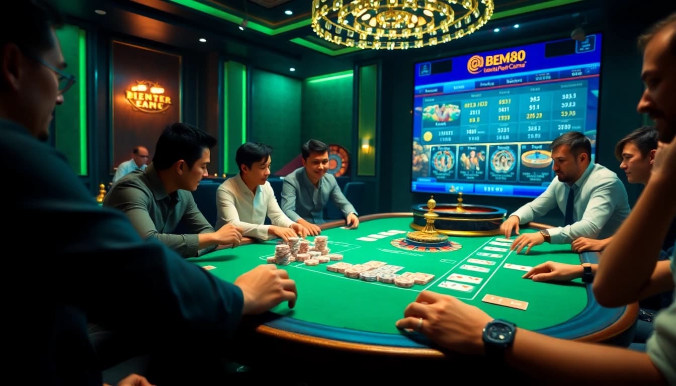 Players engage in an exciting poker game at https://bem88.com with luxurious chips and cards.